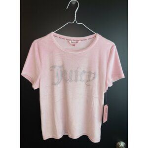 Juicy Couture Velour Short Sleeve Top Pink Rhinestone “Juicy” Logo